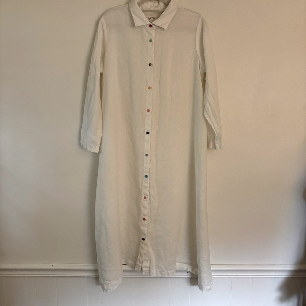 STATE THE LABEL white linen long sleeve button down dress NWOT